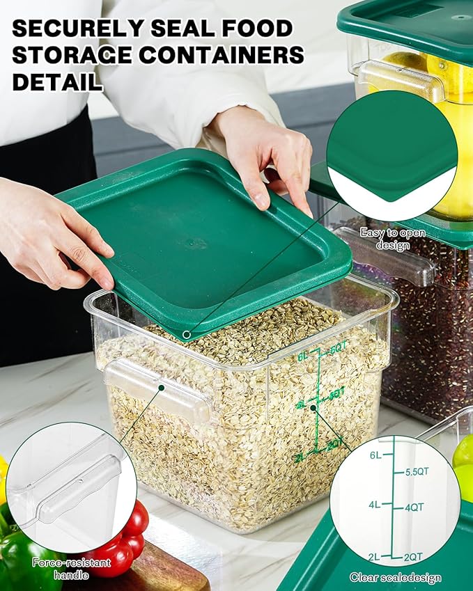 2QT NSF Food Storage Containers: 8 PCS [Food Grade][Hot&Cold Resistant] Commercial Clear Square Food Storage Containers with Scales Handles for Home Restaurant Kitchen Proof Dough(Green)