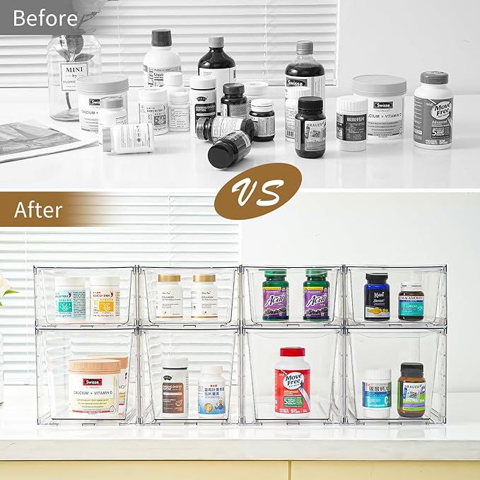 Clemate 4Pack Stackable Kitchen Storage Organizer, Pantry Organizers and Storage, Clear Foods Organizer Bins with Handles, Easily Assemble for Bathroom, Kitchen, Pantry, Cabinet, Closet