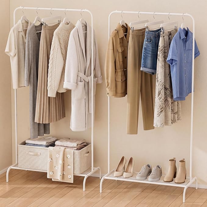 Small White Clothing Rack 2 Pack, Metal Garment Rack No Wheels, Free Standing Clothes Rack with Bottom Shelf for Hanging Clothes, Space Saving Closet Organizer for Bedroom, Laundry Room