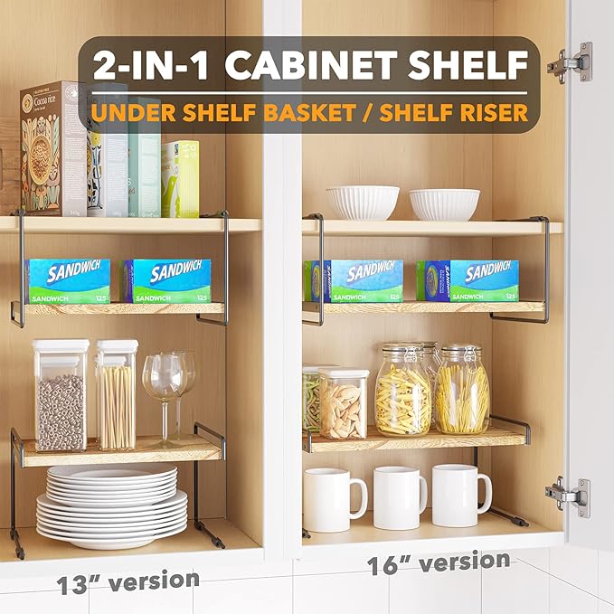 SpaceAid Cabinet Shelf Organizers 2 Pack, Kitchen Counter Organizer Rack Under Shelves Riser, Pantry Cupboard Storage Organization, Metal and Wood, Black and Natural, 13" Wide