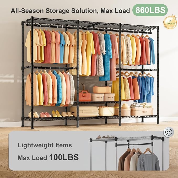 SEMHOR K01C Heavy Duty Clothes Rack with Cover Black, Max Load 860LBS | Freestanding Portable Closet System with Shelves, Adjustable Carbon Steel Garment Rack, Clothing Racks for Hanging Clothes