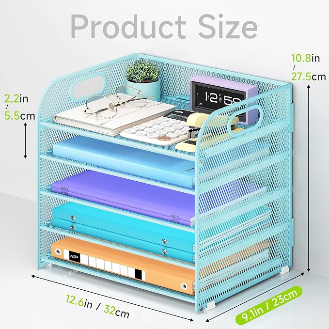 Cawukege 2 Pack 5 Tier Paper Organizer, Letter Tray with Handle, Mesh Desk Organizer, Metal File Organizer, Office Desk Accessories for Home, Office, Classroom, School -Blue