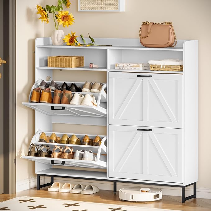 Wodeer Shoe Cabinet Storage for Entryway, Shoe Storage Cabinet with 4 Flip Drawers, Freestanding Narrow Shoe Rack Organizer with Metal Legs, Adjustable Shelves & Open Storage for Foyer, Hallway, White