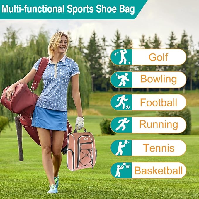 Wolt |Golf Shoe Bag for Travel- Zippered Shoes Carrier Bags with Ventilation & Double Outside Accessory Pocket for Socks, Tees, Golf Balls, Etc. for Women and Men (LightPink)