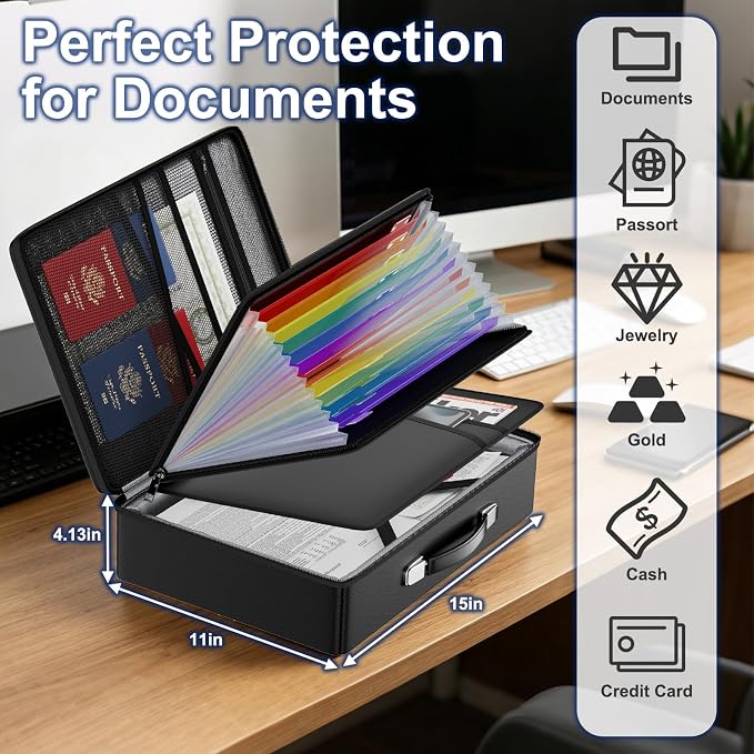 JHSafer Fireproof Document Box with Lock, Hard Shell, Black | File Box with Waterproof Zipper, Important Document Organizer with Handle, Portable Safe for Home, Office, Travel,Laptop