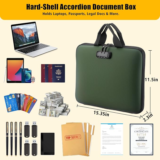 facka Fireproof Document Box with Lock, Hard-Shell Safe File Organizer | 13-Pocket Accordion Folder for Important & Legal Documents, Laptop, Passport, Cards & Valuables, Home Office Travel Green