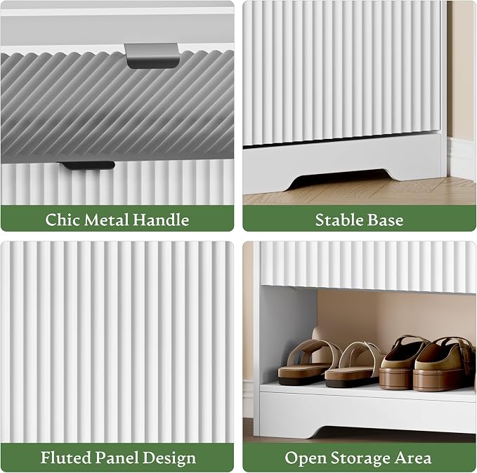 Xixini Shoe Storage Cabinet for Entryway with 2 Flip Drawers, Hidden Slim Wood Shoe Organizer with Modern Fluted Panel, Freestanding Narrow Shoe Rack for Front Door Entrance, Hallway, Foyer, White