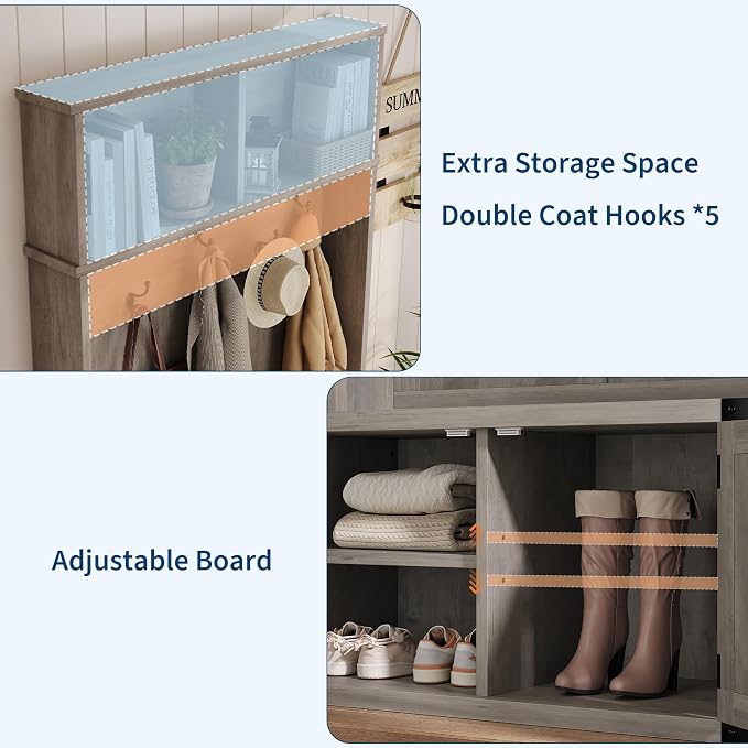 Garvee 77" H Farmhouse Hall Tree with Bench & Shoe Storage, Coat Rack | Mudroom Storage with 5 Tri-Hooks, Enclosed Cabinet, Adjustable Shelf, 2 Top Cubbies, for Entryway, Space Saving, Rustic Gray