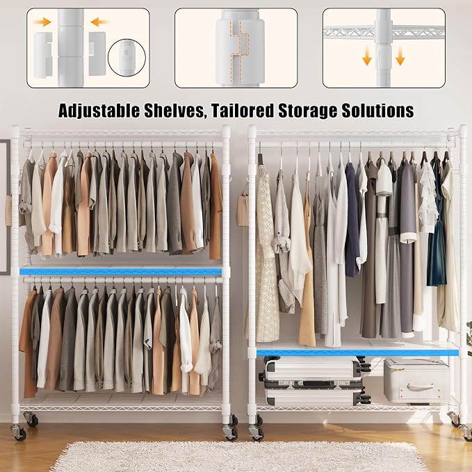 BATHWA Clothes Racks for Hanging Clothes, 25 mm tube Heavy Duty 47.3" W x 17.7" D x 80.7" H Large Wardrobe Rack with Shelves & Wheels Rolling Metal Commercial Multifuctional, White