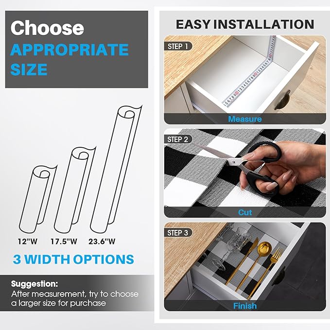 Coavas Shelf and Drawer Liner, Non Slip Extra Grip Non Adhesive Waterproof Thickened Cabinet Mat, Easy Cut for Kitchen Pantry Bathroom Dresser Cupboard (Black Stripe, 12IN x 30FT)