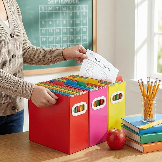 Hanging File Organizer Box, 3 Pack Red Cardboard File Folder Holder for Letter Size, Portable Desk Document Storage with Handles, for Office,Home,School