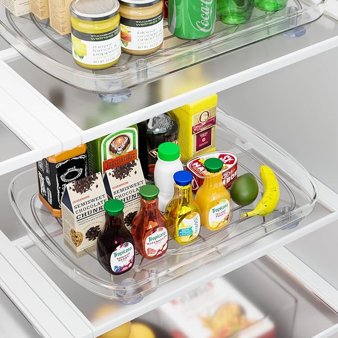 HIYOHIYO 2-Pack Clear Lazy Susan for Refrigerator Rectangular Fridge Turntable Organizers and Storage Pull Out & 360° Rotating for Cabinet Pantry Kitchen Table Bathroom (13.7"x10.2")