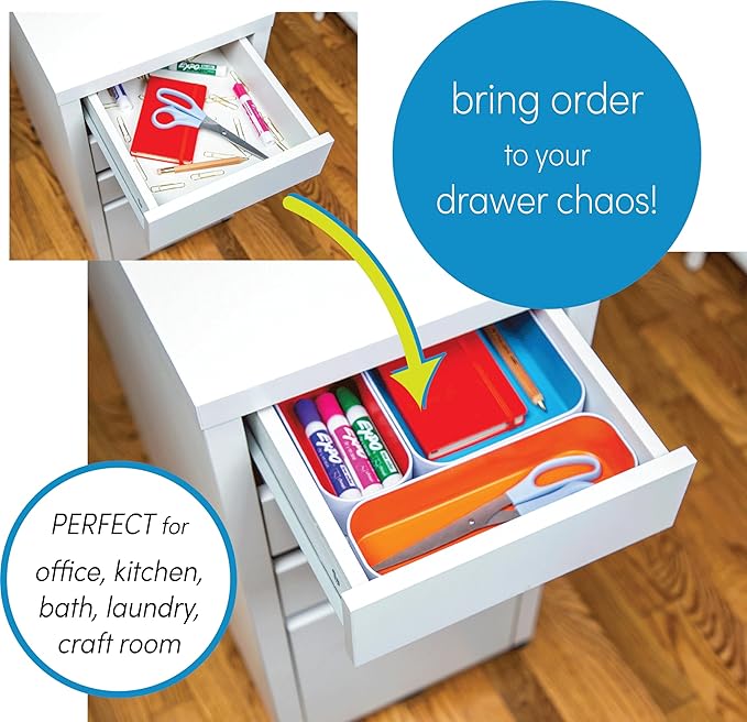 Three by Three Seattle 12 Piece Metal Organizer Tray Set for Storing Makeup, Stationery, Utensils, and More in Office Desk, Kitchen and Bathroom Drawers (2 Inch, Assorted Colors, Stripes)