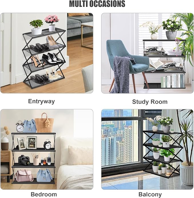 Shoe Rack for Entryway 4 Tier Foldable Shoe Rack Without Assembly Collapsible Metal Shoe Organizer Folding Shoe Storage Rack for Door, Living Room, Black