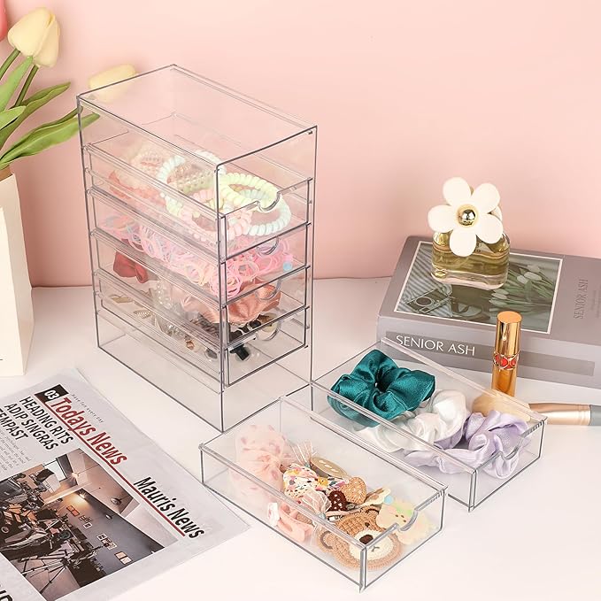 Hipiwe Plastic Drawer Organizer Clear Desktop Drawers Box with 6 Pull Out Drawer Compact Storage Box for Cabinet Vanity Bathroom Bedroom Pantry Shelf Office Closet Organization