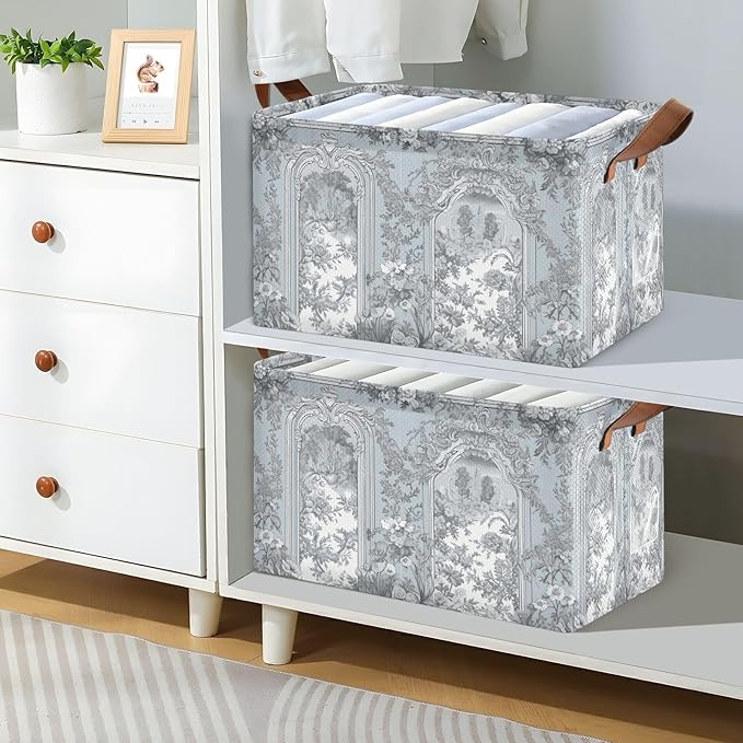 Vintage French Floral Classic Blue Storage Basket Foldable Cube Storage Bins with Handles&Labels Collapsible Organizer Box Bin Large Rectangle Decorative Baskets for Shelves Home Room Laundry