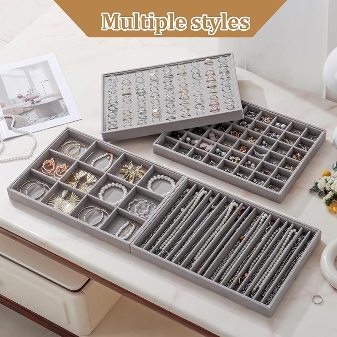 Large Jewelry Organizer for Drawer Insert Velvet Stackable Jewelry Trays for Earring Necklace Bracelet Ring Display (Gray, 16 Grids)
