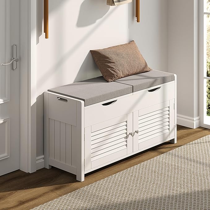 ChooChoo Shoe Storage Bench with Lift Top Storage & Cushioned Seats | 29.5" Entryway Bench with 3 Compartments & Adjustable Shelf, for Entryway, White