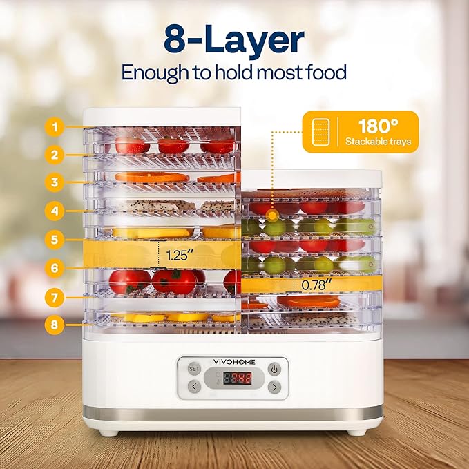 VIVOHOME Electric 8 Trays Food Dehydrator, 400W Hydrator Machine with 72H Digital Timer and Temperature Control for Fruit Vegetable Meat Jerky Herb Beef Mushroom, White