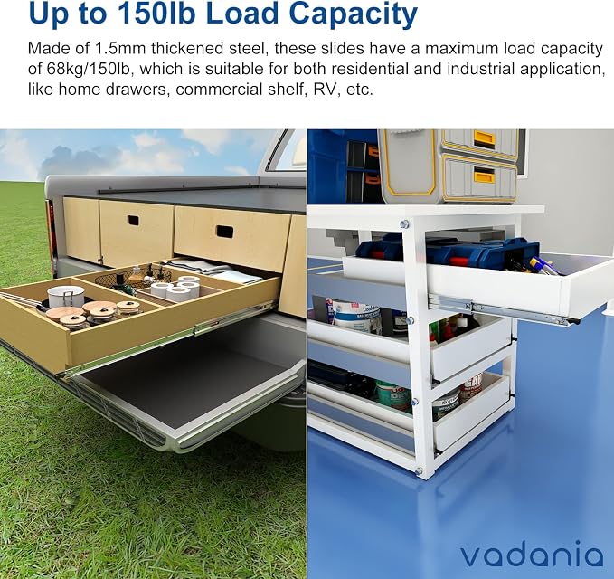 VADANIA #D51 40" Heavy Duty Locking Drawer Slide with Lock, 1-Pair | 150lb Load Capacity, 3-Fold Full Extension, Detachable, Ball Bearing Lock-in & Lock-Out, Side Mount