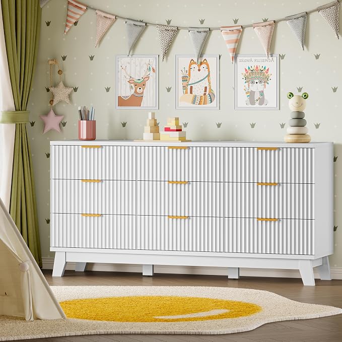 BORNOON Fluted 9 Drawer Dresser, 57.1" Wide Modern Boho Chest of Drawers, Wooden Storage Dresser TV Stand for Bedroom, Living Room, Closet, Hallway, Curved Profile Design