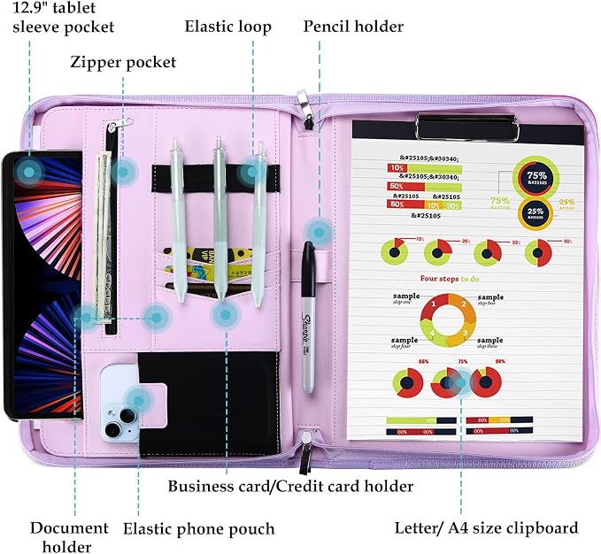 ProCase Portfolio Business Padfolio Folder with Zipper -Purple | Conference Meeting Executive File Legal Document Organizer with Pockets Letter Size A9 Writing Pad Notepad Padfolio