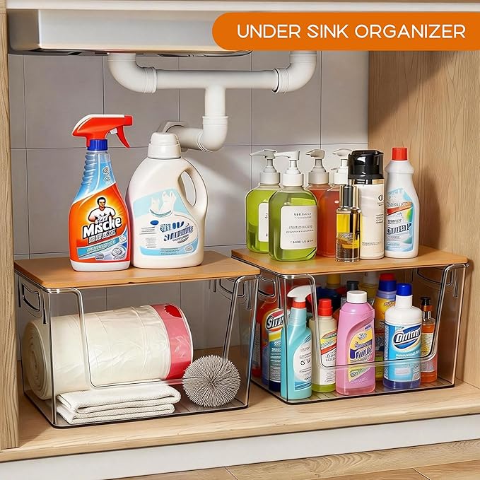 Pantry Organizers Storage, 2 Pack Large Capacity Clear Storage Bins with Bamboo Lids for Onion, Potato, Garlic, Canned Food, Under Sink Organizer Kitchen Countertop Organizer