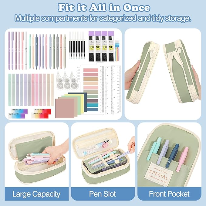 MoKo 60Pcs Aesthetic School Supplies with Cute Pencil Case (Green), 12 Pastel Highlighters, 5 Black Ink Gel Pens, 6 Mechanical Pencil Set 0.5 & 0.7 mm for Students Stationary College Essentials