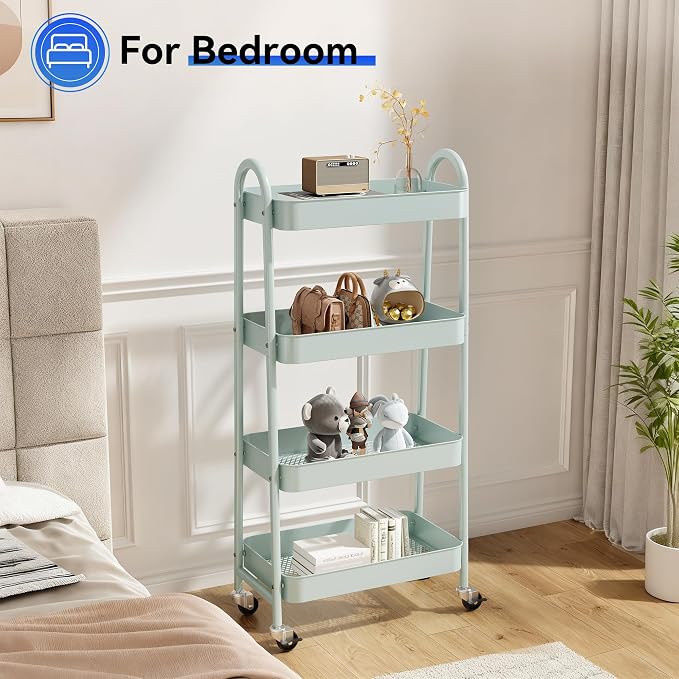 NEWBULIG 4-Tier Metal Rolling Cart with Lockable Wheels, Heavy Duty Mobile Utility Storage Shelf, Roller Book Snack Cart, Green