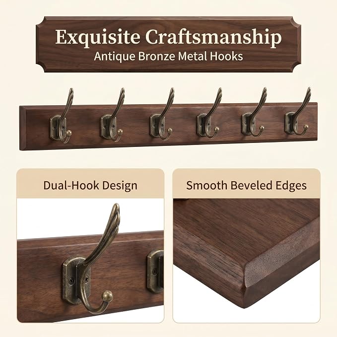 Wall Mounted Coat Rack with Solid Wood, 6 Bronze Metal Hooks – 23.22 Inch Rustic Brown Entryway Organizer for Hanging Coats, Hats, Jackets, Scarves, Bags, for Hallway, Bedroom, Bathroom（6Hooks）