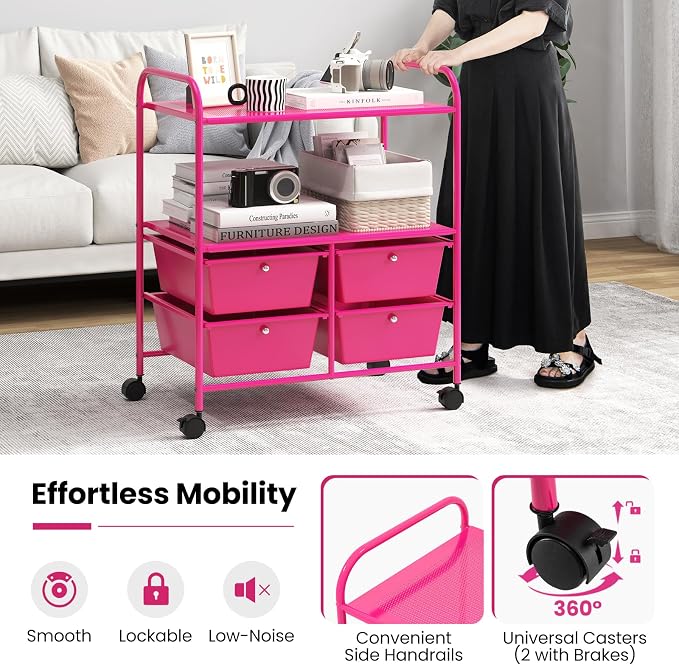 Moccha Rolling Storage Cart with 4 Drawers - Storage Drawers Organizer with wheels for Craft Art Supply Paper Salon, Scrapbook Paper Tools, Movable Utility Cart for Classroom School Studio, Hot Pink