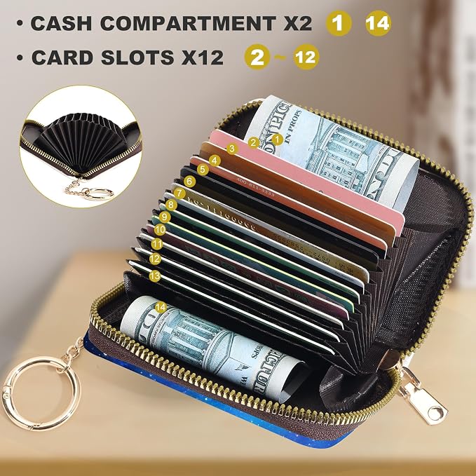 Credit Card Holder for Women,Small Rfid Wallet with Keychain Zipper,Cute PU Leather Card Case Wallet，Accordion Credit Card Wallets Gift,Blue Starry Sky C
