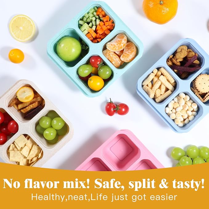 8 Pack Wheat Straw Snack Containers, 4-Compartment Reusable Bento Box with Lids - BPA-Free, Stackable Meal Prep Food Storage for Work, Travel, Home and On-the-Go