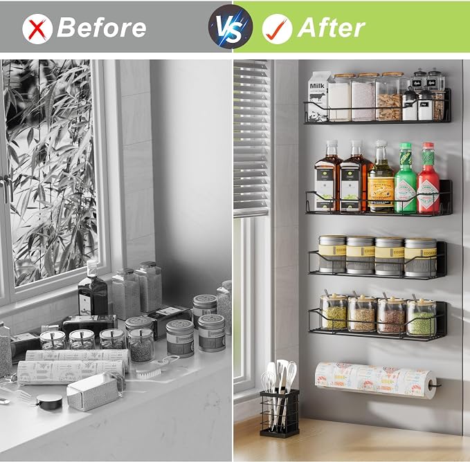 Magnetic Spice Rack for Refrigerator, 6 Pack Strong Magnet Spice Organizer with Paper Towel Holder, Utensil Holder, Moveable Magnetic Fridge Shelf for Kitchen Organization and Storage (Black)