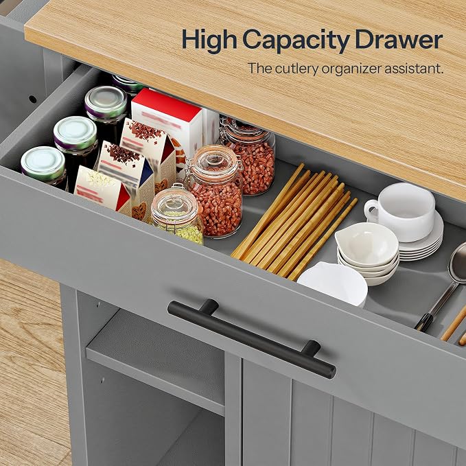 HOOBRO Kitchen Island with Trash Can Storage, Rolling Kitchen Island on Wheels, Mobile Island Cart with Power Outlet, Islands Table for 10 Gallon Garbage Bin, White and Grey GN80UZD01G1
