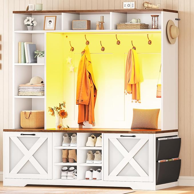 Itaar Hall Tree with Bench and Shoe Storage, 59.1" Farmhouse Entryway Bench with Coat Rack, Shoe Cabinet with Flip Drawers, 12 Shelves, 9 Coat Hooks, Storage Bag, Led Lights, White