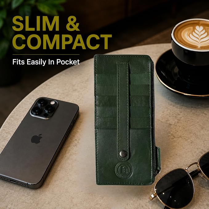Leatherboss Genuine Leather Women's All in One Credit Business Card Case Holder Slim Zipper Wallet With a Card Protection Strap, Teal Green