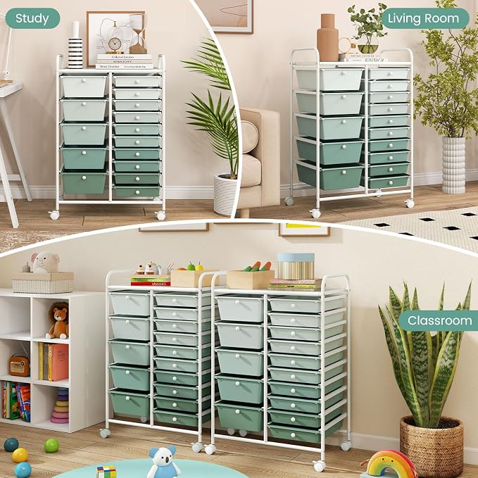 RELAX4LIFE 15-Drawer Storage Drawer Carts - Mobile Rolling Utility Cart | 34.5"H White Metal Frame, Gradient Green Drawers, Rolling Wheels; Classroom School Office Home Craft Utility Storage