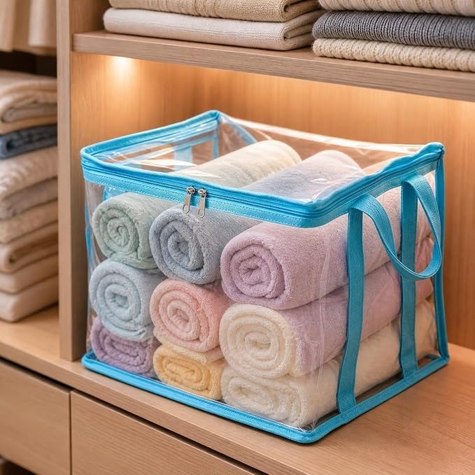 Large Clear Thick Plastic Storage Box with Hinged Lid, Heavy-Duty Durable High Capacity Organizer, Foldable Storage Box,Perfect for Home, Camping, Travel, Attic & Moving (Blue-L-2)