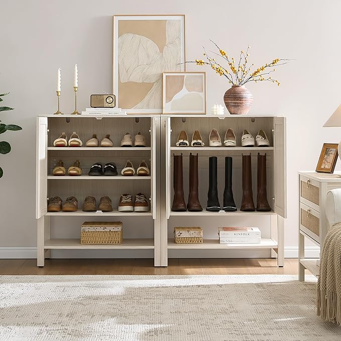 SICOTAS Shoe Storage Cabinet for Entryway - 5 Tier Rattan Entry Shoe Organizer Cabinet with Shelves & Doors, 2 Pieces Farmhouse Boho Shoe Rack for Hallway, Living Room, Closet (White Cream Oak)