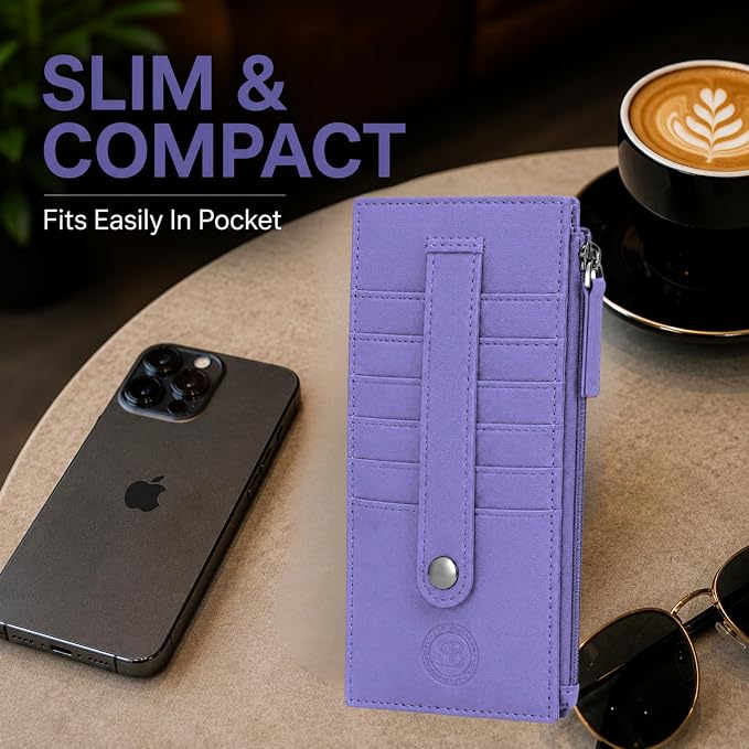 Leatherboss Genuine Leather Women's All in One Credit Business Card Case Holder Slim Zipper Wallet With a Card Protection Strap, Purple