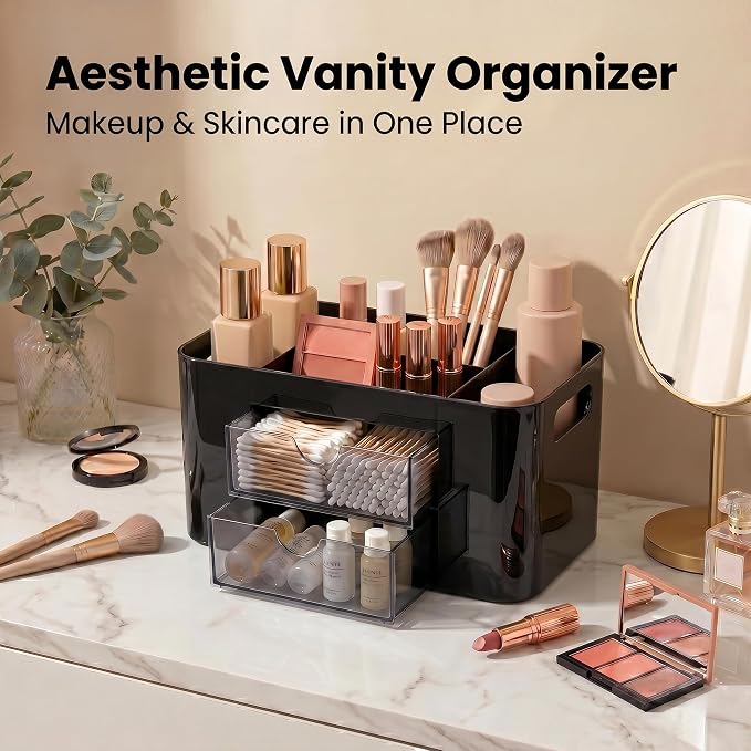 Black Desk Organizer with Drawers, 4 Slots, Side Handles, Pen Holder | Desktop caddy for office supplies, makeup brushes, art & vanity | 5 compartments, 2 pull-out drawers, built-in side handles