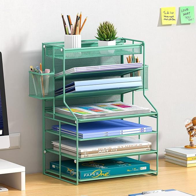 7 Tier Desk File Organizer,Metal Document Holder with Adjustable Shelves, Pull-Out Drawer & Removable Pen Holder for Office Organization,Green