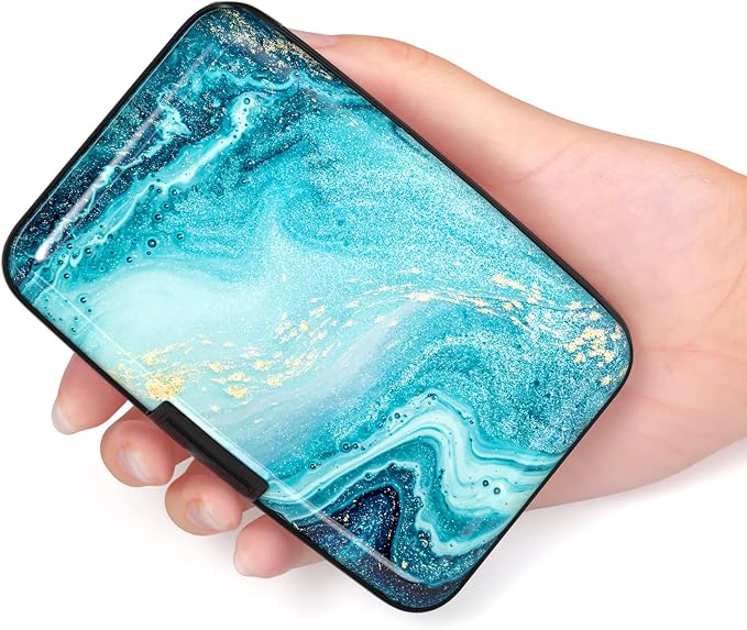 Credit Card Holder for Women, Small RFID Metal Credit Cards Wallets Cute Business Card Holder Pocket ID Case, Blue Ocean Marble