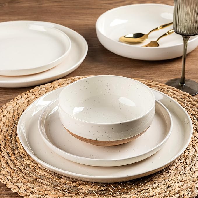 AmorArc Ceramic Dinnerware Sets for 6, 18 Pieces Handpainted Plates and Bowls Set with Rustic Terracotta Underside, Scratch Resistant Stoneware Dishes Set, Dishwasher & Microwave Safe,Light Beige