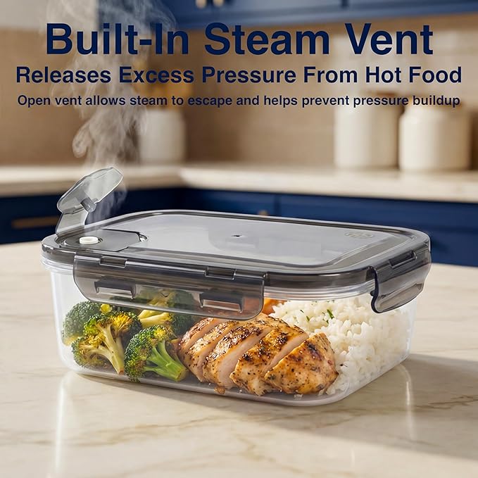 BPA-Free Plastic Airtight Food Storage Containers with Vented Lids, 2-Pack (5.9 Cups Each) for Meal Prep and Leftovers