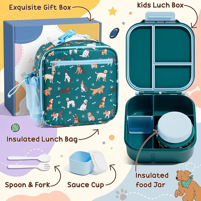 Fimibuke Kids Bento Lunch Box w/ 8.5oz Thermo Food Jar, Insulated Lunch Bag | Leak Proof 3-4 Compartments 60oz Toddler Lunch Food Container with Utensils, Sauce Cup for School Boys Girls, Dishwasher Safe