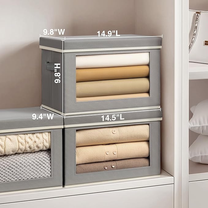 Homsorout Stackable Storage Bins with Lids - Medium Storage Box with Lids, Foldable Closet Boxes for Organizing, Wardrobe Clothes Organizer with Window, Cubes Bins for Living Room, 5 Pack, Grey