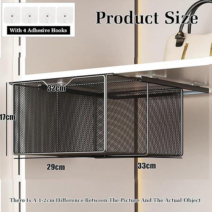 Pull Out Cabinet Storage Basket,Wardrobe Storage Organiser,Storage Under Shelf,No Punching Required,with 4 Hooks,for Kitchen Office Wardrobes Cupboard Storage(Black,33x29x17cm)