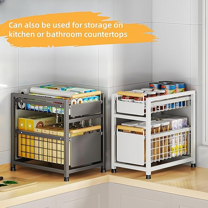 Pull Out Cabinet Organizer, Pull Out Basket Drawers for Cabinets, Slide Out Basket Drawers for Kitchen Cabinets, Under Sink Organizer for Kitchen, Bathroom (Grey Medium Double-tier)